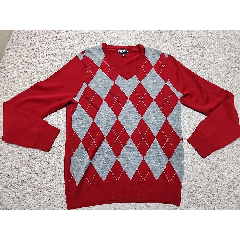 Express Mens M 100% Merino Wool Sweater Red Gray Diamond Argyle V-Neck‎